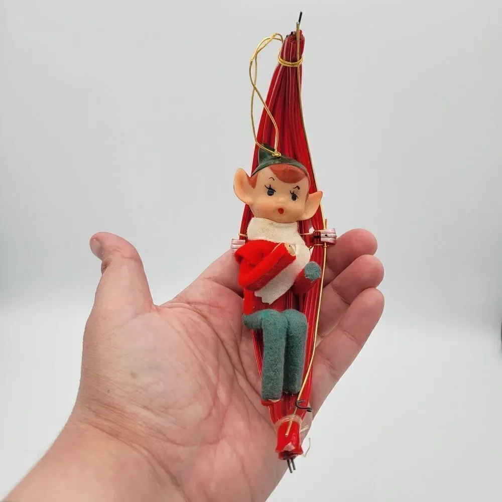 Vintage Rare Felted Pixie Elf  on a Red Hammock Swing Christmas Ornament